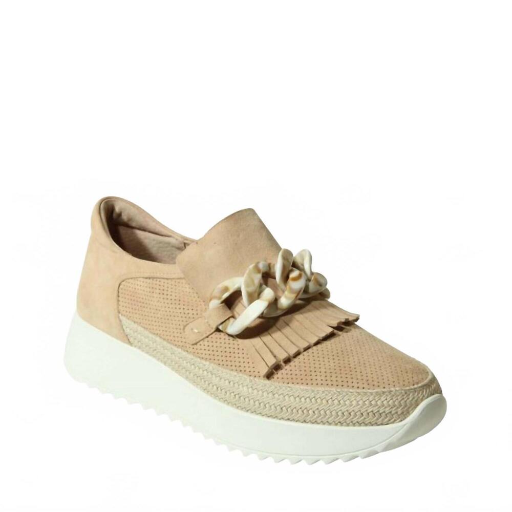 Vaneli Beige Suede Platform Slip-On Sneakers with Chain Accent